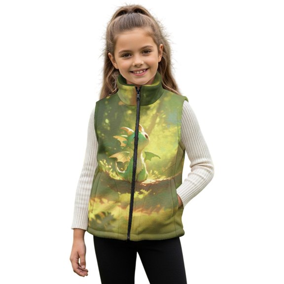 Xixirimido Cute Dragon Forest Green Pattern Girls Boys Fleece Vest Kids Zip-up Vest Sleeveless Stand Collar Jacket with Pockets Fall Winter Outerwear for 4T