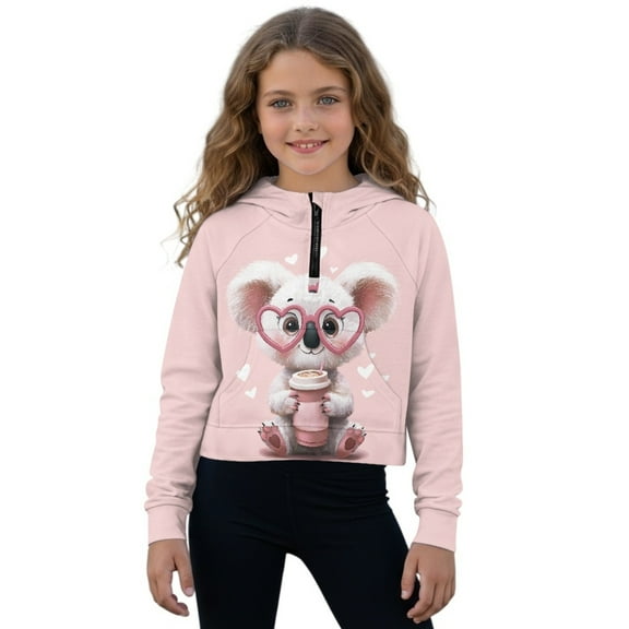 Xixirimido Cute Koala Pink Pattern Girls' Hoodies Sweatshirts with Pocket Half Zipper Pullover Crop Tops for Teen Girls Long Sleeve Sweater Size 7-8