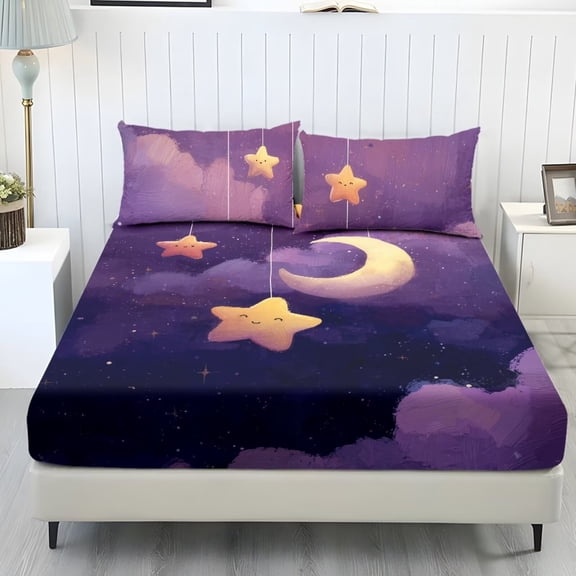 Xixirimido Cute Moon Stars Galaxy Print Bed Sheets Set 3 Piece Bedding Sheet Set, Comfy Non-Slip Bedsheet & Pillowcases Deep Pocket Fitted Sheet for Women Men, Twin Size