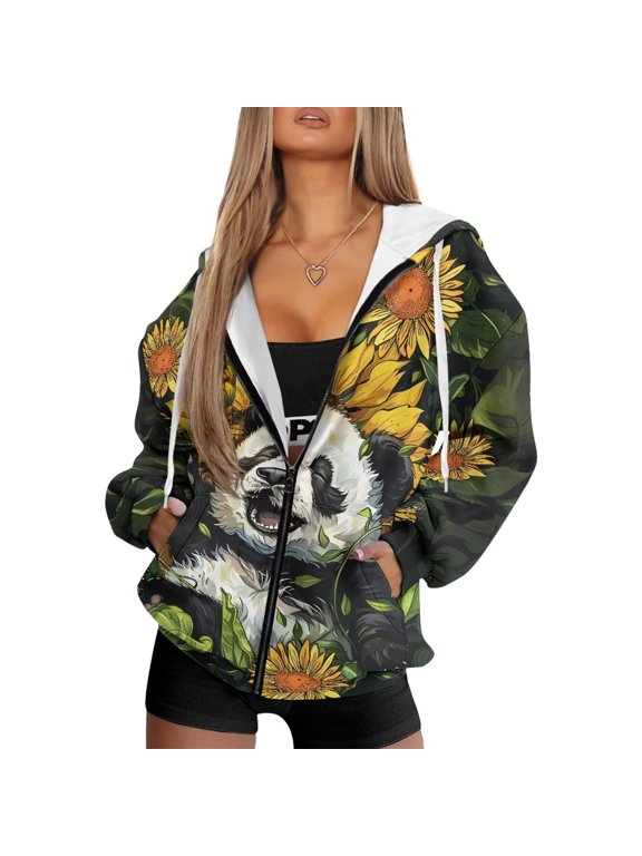 Cute Panda Sunflower Print Women Zip Up Hoodies Oversized Long Sleeve Sweatshirts Pullover Hooded Jacket Y2K Hoodie with Pocket Fall Winter Outfits, Size XL