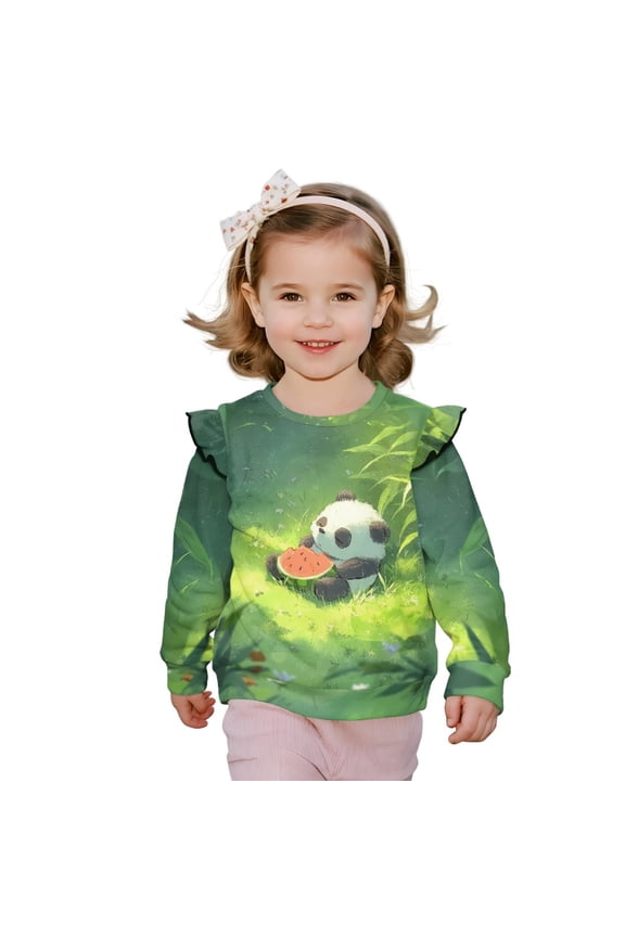 Cute Panda Watermelon Green Print Sweatshirt for Toddler Girls Ruffle Pullover Top Casual Long Sleeve Top Kids Graphic Crewneck Sweater Fall Winter Outfit, for 1-2T