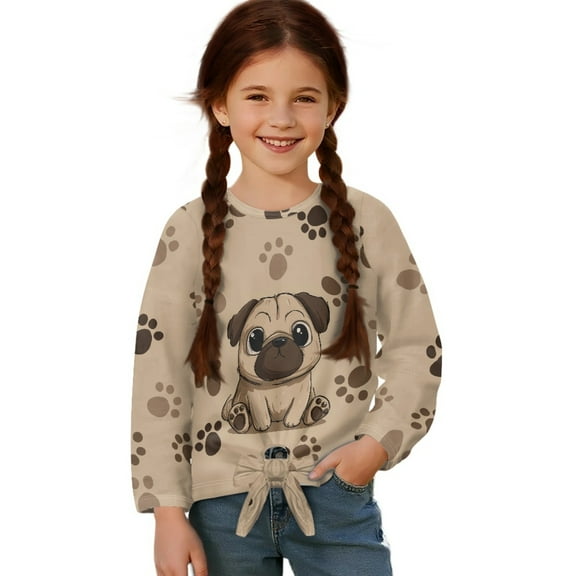 Xixirimido Cute Pug Dog Paws Pattern Girls Long Sleeve Shirt Kids Crewneck T-Shirts Trendy 3D Graphic Tie-hem Cute Tees for Fall Winter, Size 7-8
