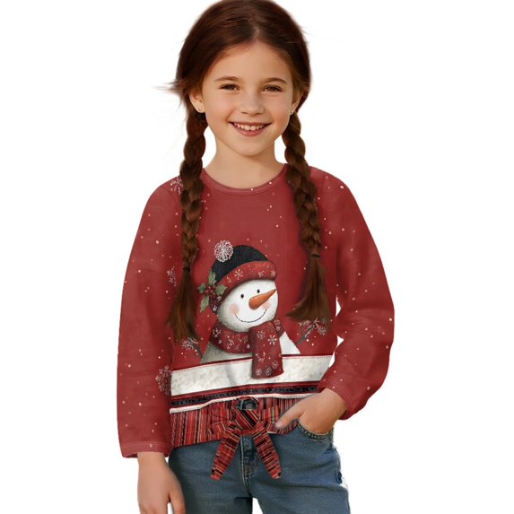 Xixirimido Cute Snowman Christmas Red Pattern Girls Casual Long Sleeve Shirts Knot Tie-hem Tunic Tops Crewneck Tees Blouses Girls Fashion Clothes, Size 9-10