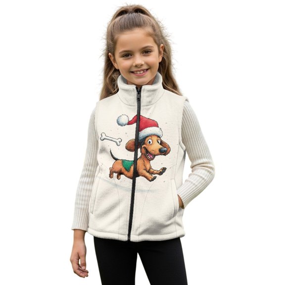Xixirimido Dachshund Christmas Hat Bone Pattern Boys Girls Fleece Vest Sleeveless Stand-up Collar Jacket with Pockets Full-Zip Fall Winter Warm Outerwear for 4T