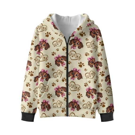 Xixirimido Dachshund Dog Paws Notes Pattern Kids Hoodies for Boys Girls Zip Up Hoodie Sweatshirt 3D Graphic Long Sleeve Pullover Top with Pocket for Fall Winter Velvet Lining for 12-14 Years