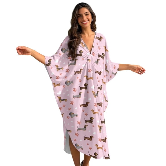 Xixirimido Dachshund Dog Paws Pink Print Women's Kaftan Dresses Plus Size Beach Cover Up V-Neck Batwing Sleeve Swimsuit Coverup Summer Caftan Dress