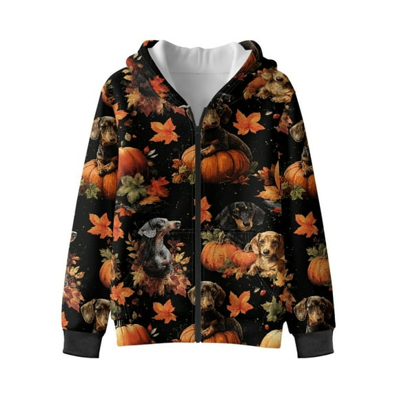 Xixirimido Dachshund Dog Pumpkn Maple Leaf Printed Kids Hoodies for Boys Girls Zip Up Hoodie Sweatshirt 3D Graphic Long Sleeve Pullover Top with Pocket for Fall Winter Velvet Lining, 9-11 Years
