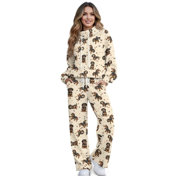 Xixirimido Dachshunds Paws Beige Print Women 2 Piece Lounge Sets Fall Fashion Outfit Sweatsuits Long Sleeve Sweatshirt & Wide Leg Sweatpants Matching Tracksuit Set, Medium