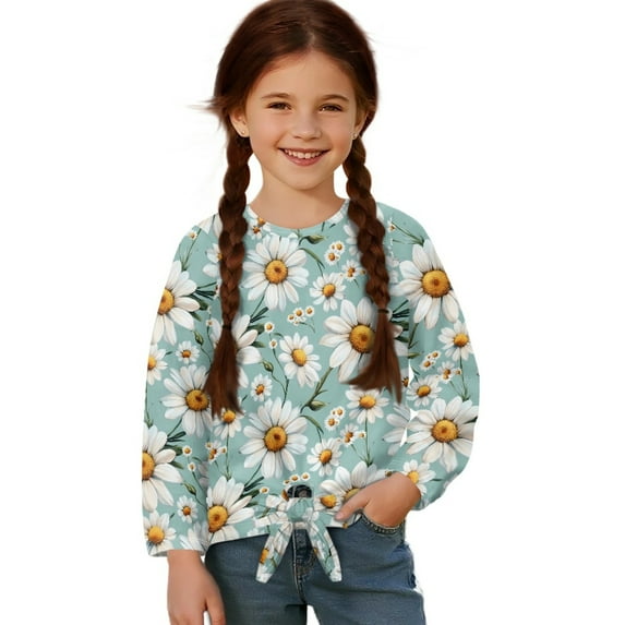 Xixirimido Daisy Flowers Green Pattern Girls Casual T-Shirt Crew Neck Tunic Tops Long Sleeve Loose Fit Soft Blouse Tie-hem Tees for Fall Winter, Size 7-8