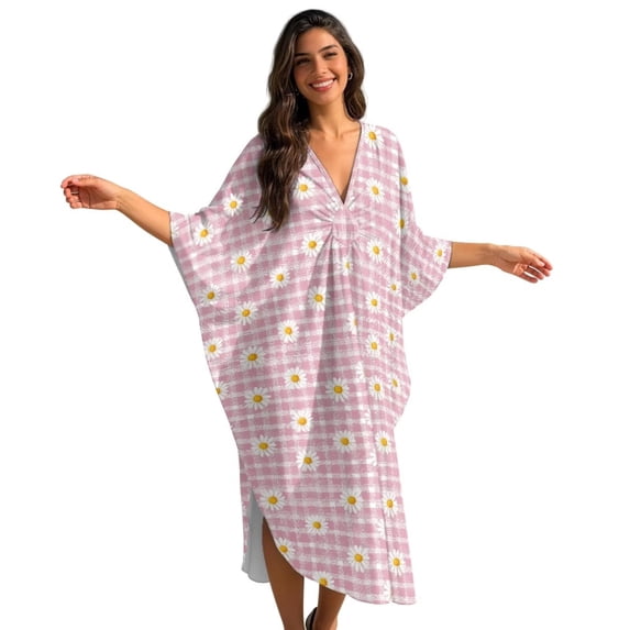 Xixirimido Daisy Grids Pink Print Women Kaftan Dresses Plus Size Beach Cover Up Deep V-Neck Batwing Sleeves Swimsuit Coverups Summer Caftan Dress