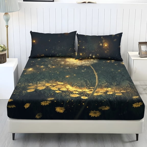 Xixirimido Dandelion Daisy Starry Night Print Sheets Set - 3 Piece Soft Breathable Bed Sheet Set - Deep Pocket Non-Slip 1 Fitted Sheet and 2 Pillowcases for All Season, Twin Size