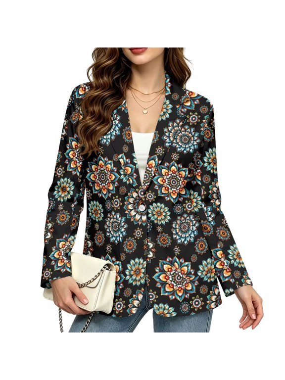 Dark Bohemian Mandala Print Women's Casual Blazer Suit Jacket, 2XL, Long Sleeve Suit Jacket with Pockets, Notched Lapel Work Office Casual Blazers, Open Front Fall Winter Outfit