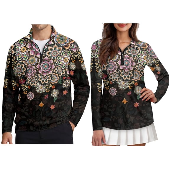 Xixirimido Dark Boho Mandala Floral Print Couples' Golf Outfits Men and Women 1/4 Zip Up Quick Dry Golf Shirts Long Sleeve Breathable Matching Golf Shirts for Couples, 4XL