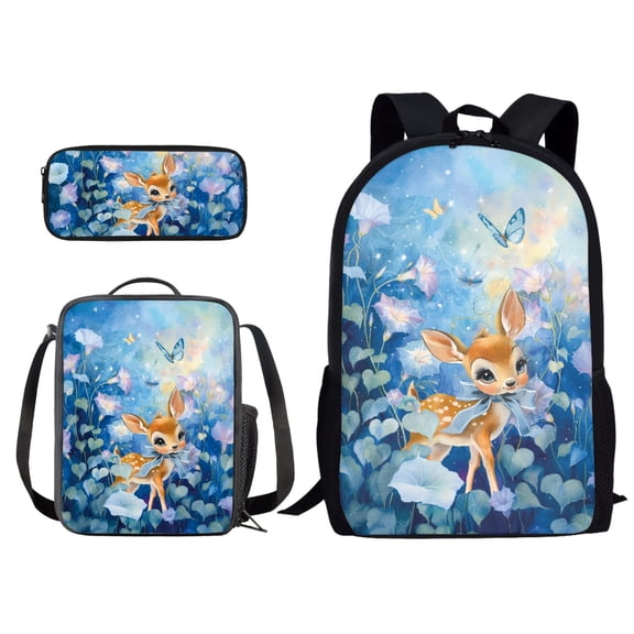 Xixirimido Deer Butterfly Floral Print Kids Backpacks for School Students, 3Pcs Set Lightweight Bookbag Water Resistant with Lunch Pack Pencil Bag