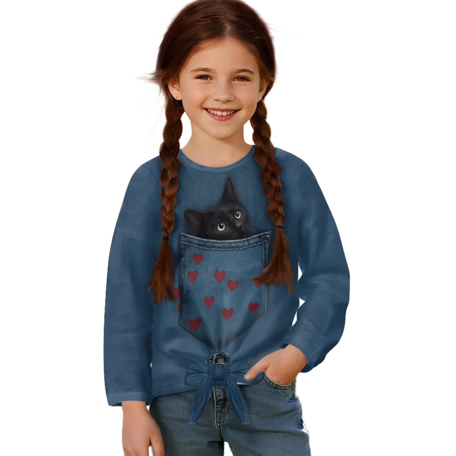 Girls Cat Print T-Shirt & Denim Pants Set – Cream & Blue main image 1