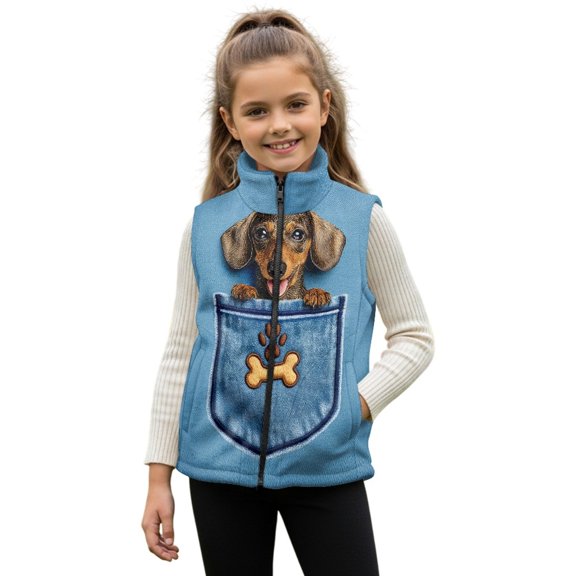 Xixirimido Denim Dachshund Bone Paw Blue Pattern Girls Zippered Vest Warm Soft Fleece Vest for Kids Sleeveless Stand Collar Jacket with Pockets Fall Winter Outerwear for 4T