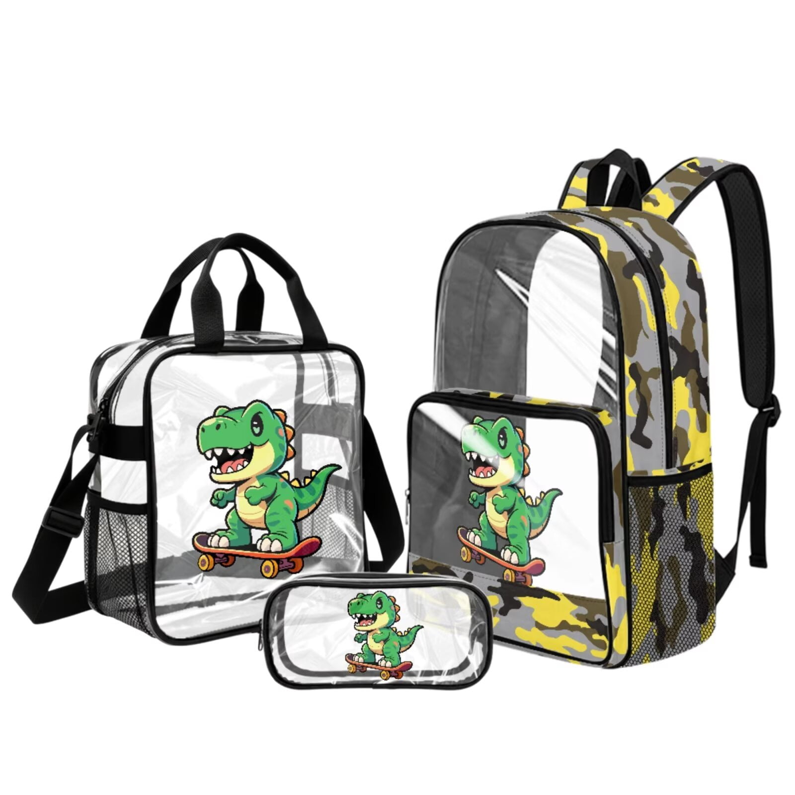 Clear Backpack with Lunch Bag Set, Heavy Duty Thick PVC See Through Bookbag Xixirimido Dinosaur Colored Camo Print Clear Backpack for  main image 2