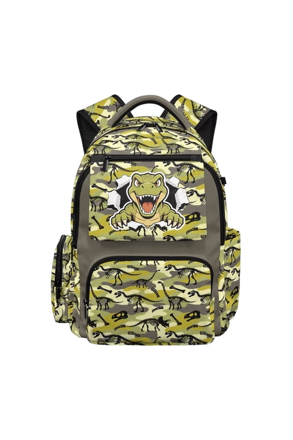 Dinosaur & Fossil Green Camo Print Kids School Backpack, 17" Large Capacity Bookbag, Multi Pockets School Bag for Boys Teens Preschool Elementary Middle High School
