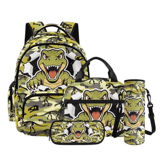 Xixirimido Dinosaur Fossil Green Camouflage Kids School Bags with Insulated Lunch Box Pencil Case Water Bottle Holder 17 Inch Large Capacity School Backpack 4 Pcs Set for Boys Girls