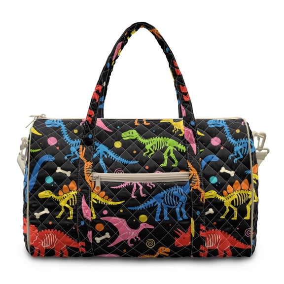 Xixirimido Dinosaur Skulls Black Print Gym Bag for Women, Quilted Duffle Bag with Trolley Sleeve for Travel, Weekender Overnight Bag for Men Hospital Bags for Women