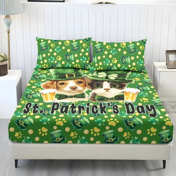 Xixirimido Dog Cat Paws Shamrock Print Sheet Set Soft Fade Resistant 3 Piece Bed Sheet Set All Around Elastic Fitted Sheet & Pillowcases Home Bedroom St. Patrick's Day Decor, King Size