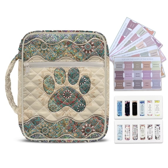 Xixirimido Dog Paw Boho Mandala Print Quilted Bible Cover Case for Women Men Large Carrying Bag Book Tote Bags with Handle & Bookmarks Bible Study Supplies Christian Gifts