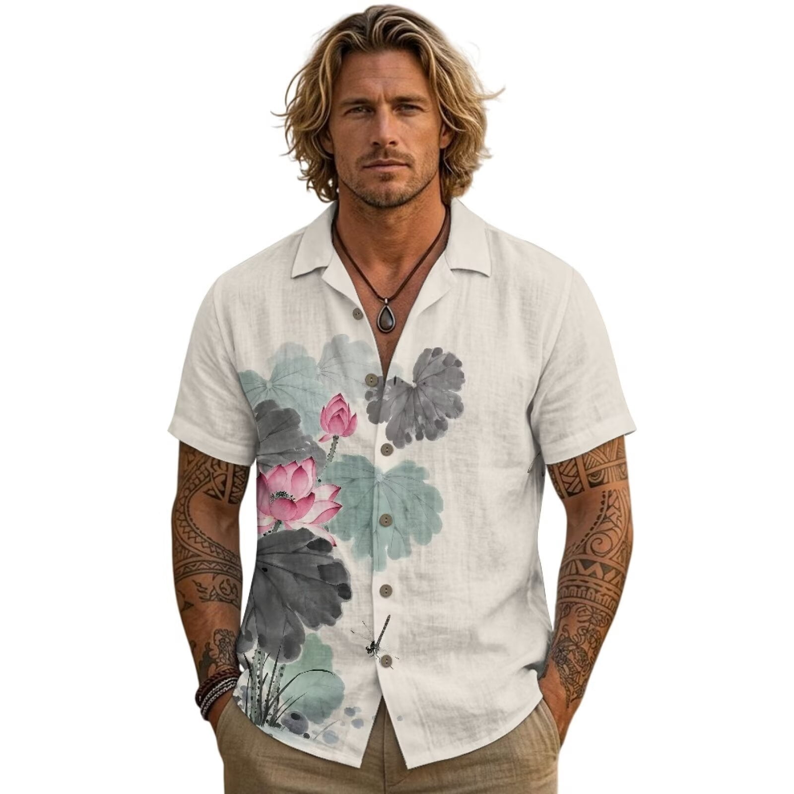 Xixirimido Cherry Blossom Sea Wave Sunset Print Men's Linen Short