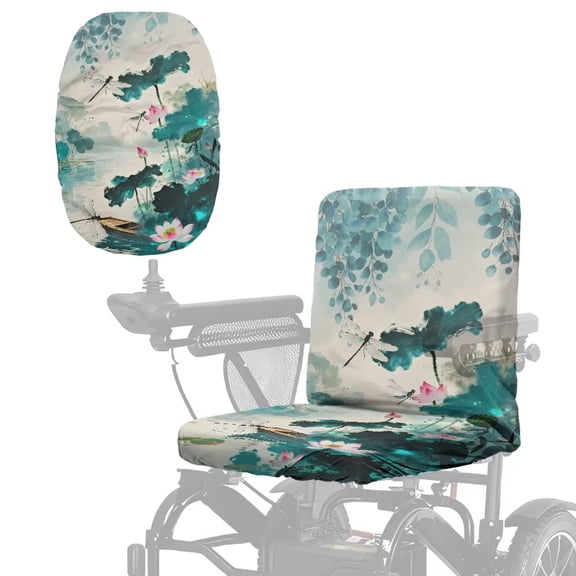 Xixirimido Dragonfly Lotus Flower Leaf Print Universal Mobility Scooter Seat Cover Heavy Duty Electric Wheelchair Cushion Protector, Tear-Resistant with Adjustable Strap (35" x 18")