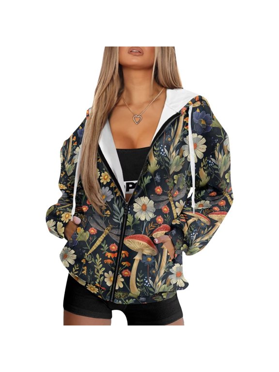 Dragonfly Mushroom Daisy Floral Print Women Zip Up Hoodies Oversized Long Sleeve Sweatshirts Pullover Hooded Jacket Y2K Hoodie with Pocket Fall Winter Outfits, Size S