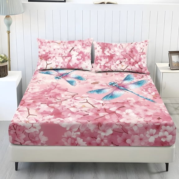 Xixirimido Dragonfly Pink Cherry Blossom Print 3Pcs Fitted Sheet Set Soft Bed Sheet with 2 Pillowcases Wrinkle Resistant Bedding Set Breathable Mattress Sheets, Twin Size