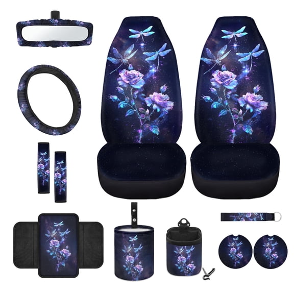 Xixirimido Dragonfly Rose Floral Car Front Seat Covers 12Pcs Set with Steering Wheel &Seat Belt Cover Car Trash Can Armrest Cover Air Vent Bag Rear View Mirror Cover Cup Coasters Kychain