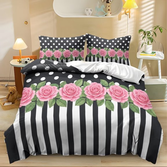 Xixirimido Duvet Cover Set 3-Piece Bedding Set Soft Breathable Comforter Cover with Zipper Closure & 2 Pillowcases Set, Piano Pink Roses, Queen Size