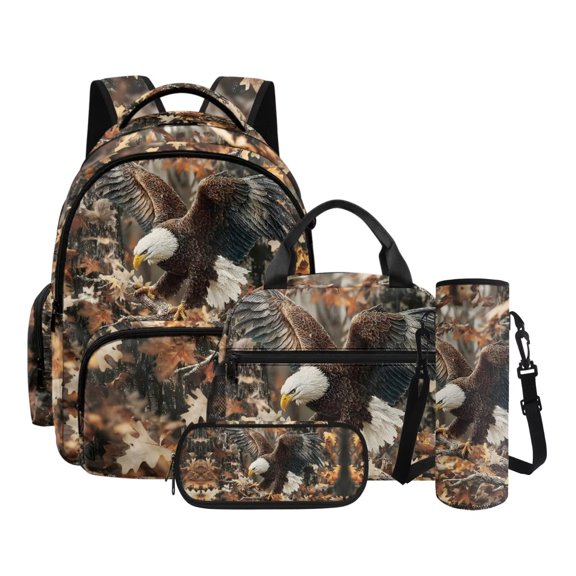 Xixirimido Eagle Forest Camo Print 4 Piece Kids Backpack Set with Lunch Box Pencil Case and Water Bottle Holder 17 Inch Backpack for Boys Teens Elementary Middle School
