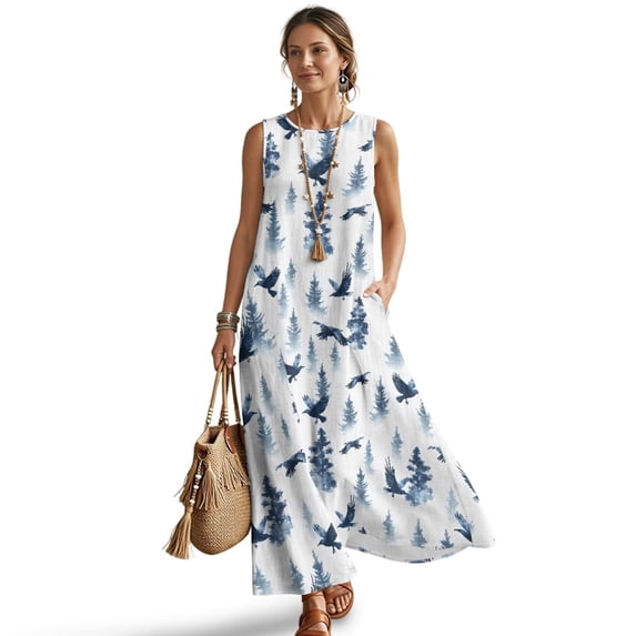 Xixirimido Eagle Pine Trees Print Summer Dresses for Women Flowy Casual Sleeveless Maxi Dress Beach Vacation Sundresses with Pockets, Size 3XL