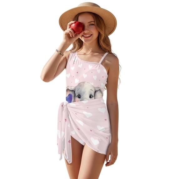 Xixirimido Elephant Hearts Pink Print Girls One Piece Swimsuit with Adjustable Strap and Mesh Cover Up Skirt, One Shoulder Cute Bathing Suit Swimwear Set, Size 7-8 Years