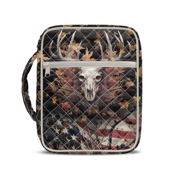 Xixirimido Elk Bone Leaves US Flag Print Bible Cover Case for Women, Quilted Bible Cover Bag with Handle, Bible Carrying Case Study Supplies Accessories for Men
