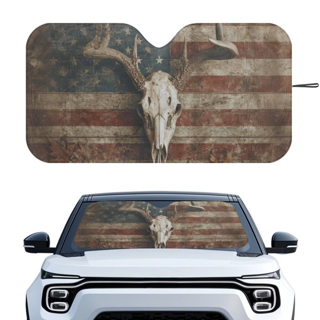 Xixirimido Elk Bone Vintage American Flag Print Windshield Sun Shade for Car SUV Truck Foldable Sunshade for Car Windshield Block UV Rays Keep Your Vehicle Cool Car Interior Accessories