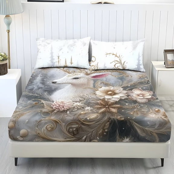 Xixirimido Elk Elegant Floral Print Sheet Set Breathable Fitted Bottom Sheet Soft Wrinkle-Resistant Durable Bedding Set with Deep Pockets for Home Decor, Twin Size
