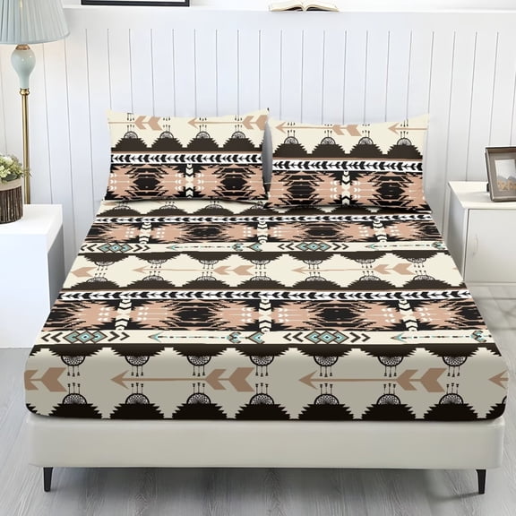 Xixirimido Ethnic Native Tribal Print Sheet Set Breathable Fitted Bottom Sheet Soft Wrinkle-Resistant Durable Bedding Set with Deep Pockets for Home Decor, Twin Size