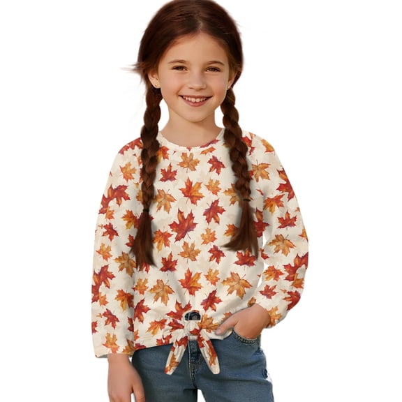 Xixirimido Fall Maple Leaf Print Girls Casual Tunic Tops Tie-hem Long Sleeve Loose Soft Blouse T-Shirt Cute Graphic Girls Shirts, Size 7-8