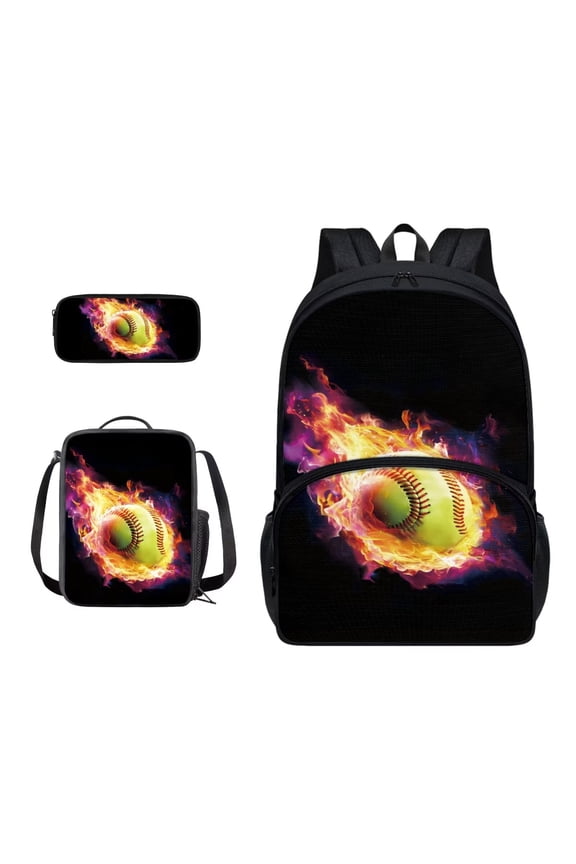 Fire Softball Pattern Kids Backpack Set for Boys Girls 17in School Backpack & Lunch Bag & Pencil Bag 3 in 1 Set for School Picnic Travel