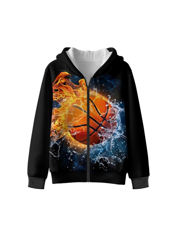 Fire Water Splatter Baketball Printed Hoodies for Girls Boys Zip Up Hoodie Sweatshirt Teen Lightweight Fall Winter Jacket Casual Long Sleeve Pullover Top for 12-14 Years