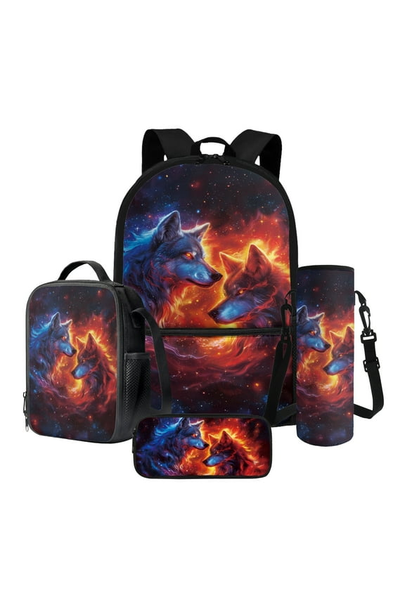 Fire Wolf Galaxy Pattern Kids School Backpack 4Pcs Bundle 17 Inch Bookbag, Insulated Lunch Box, Water Bottle Pouch, Pen Organizer Back to School Essentials