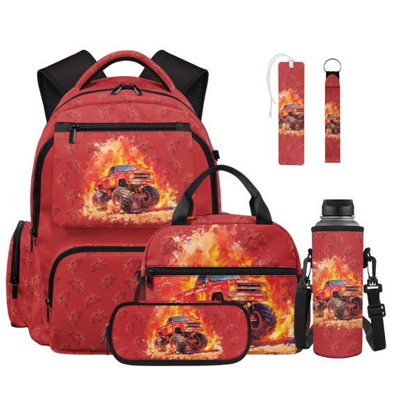 Xixirimido Flame Burst Red Monster Truck Print 6 Pieces School Backpack Combo | Backpack Lunch Bag Pencil Case Water Bottle Holder Keychain Bookmark, Lightweight Daypack for Students
