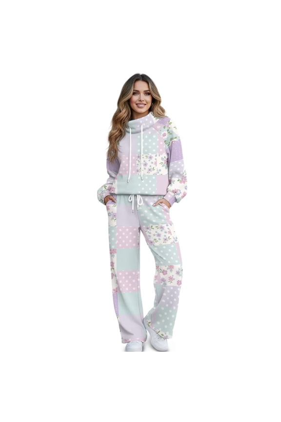 Floral Dots Patchwork Print Sweatsuits for Women Plus Size 2 Piece Outfit Long Sleeve Sweatshirt Wide Leg Sweatpants Fall Winter Fashion Lounge Set Tracksuit, Large