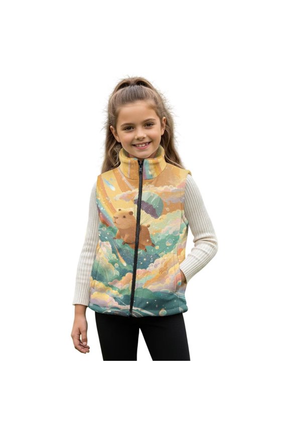 Flying Capybara Clouds Pattern Girls Boys Fleece Vest Kids Zip-up Vest Sleeveless Stand Collar Jacket with Pockets Fall Winter Outerwear for 3T