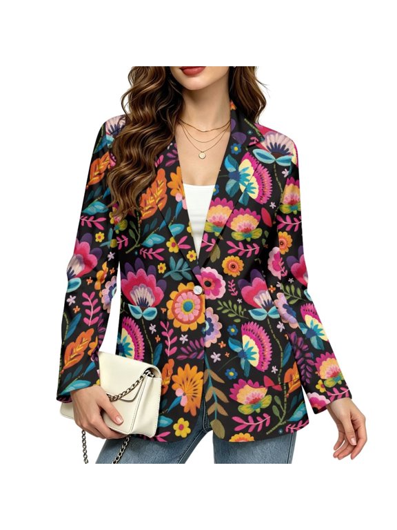 Folk Embroidery Floral Women's Casual Blazer Suit Jacket, S, Long Sleeve Suit Jacket with Pockets, Notched Lapel Work Office Casual Blazers, Open Front Fall Winter Outfit
