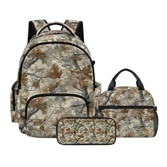 Xixirimido Forest Camouflage Print 17" Backpack with Lunch Box & Pencil Case Boys Girls Large Capacity School Bag 3Pcs Elementary Kids Backpack Set Back to School Supplies