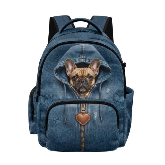 Xixirimido French Bulldog Denim Print 17" Multi Pockets Kids Backpack for Boys Lightweight School Bag Girls Large Bookbag for Elementary Middle High School Students