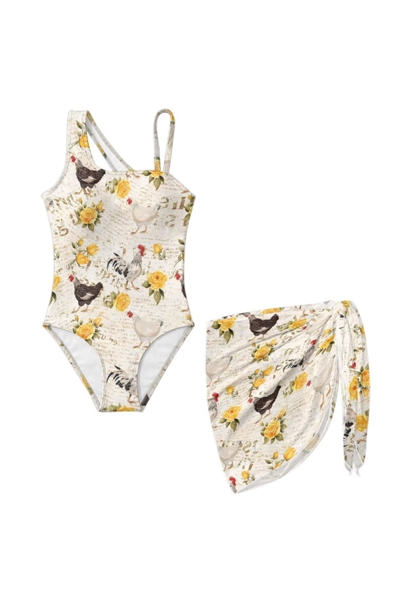 Frogs Hearts Print Girls One Piece Bathing Suit with Mesh Cover Up, Adjustable Strap Swimwear One Shoulder Swimsuit for Girl with Removable Pad, Size 13-14 Years